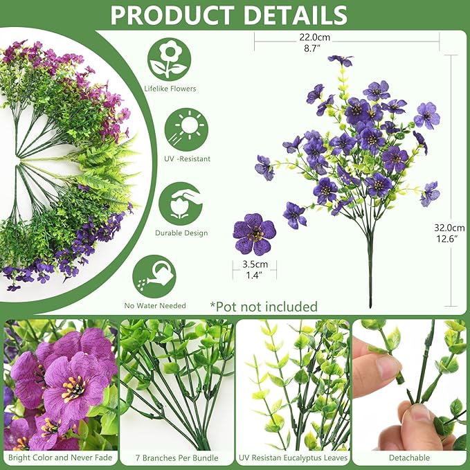 Artificial Flowers for Outdoors, 12 Bundles Multicolor Silk Fake Flower with Ferns for Spring Summer Decoration, UV Resistant Artificial Outdoor Faux Plants for Home Planter Porch Patio Yard Decor
