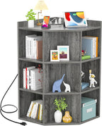 Aheaplus Corner Cabinet, Corner Storage with USB Ports and Outlets, Corner Cube Toy Storage for Small Space, Wooden Cubby Bookshelf with 9 Cubes for Playroom, Bedroom, Living Room, Grey Oak