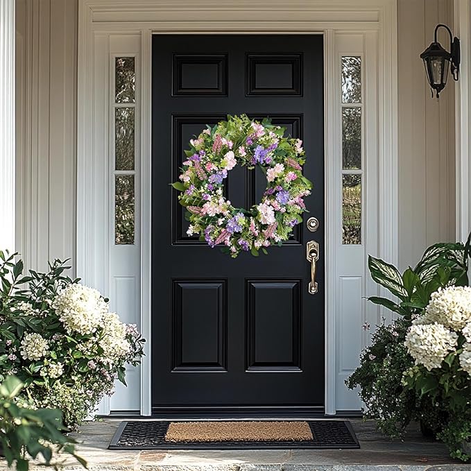 24 Inch Spring Summer Wreaths for Front Door, Purple Pink Hydrangea Wreath with Wildflowers Purple Forsythia, Artificial Silk Floral Wreath Farmhouse Rustic Decor for Outdoor Wall Window Home