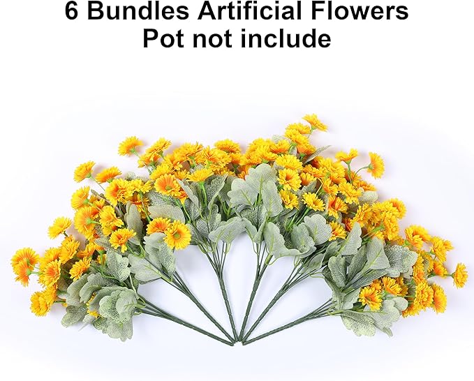 HyeFlora Dahlia Spring Artificial Flowers for Outdoors Fake Plants, 6 Bundles Outside Silk Daisy Realistic UV Resistant Faux Flowers for Outdoor Planters Porch Patio Yard Garden Home Decor, Yellow