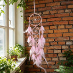 Triple Circles Silk Ribbon Pink Dream Catcher for Girls - Wall Decor for Bedroom, Girl's Room Hanging Decor, Boho Wall Art for Girls Bedroom