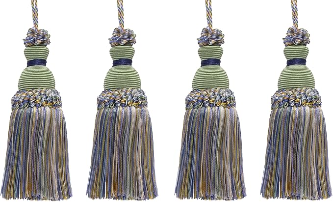 DÉCOPRO Beautiful Hand-Crafted 5" (12.5cm) Key Tassel, 3 1/2" (8.5cm) Loop # IKTJ, Spring Green #4668 (Mint Green, Sky Blue, Light Gold) Set of 4