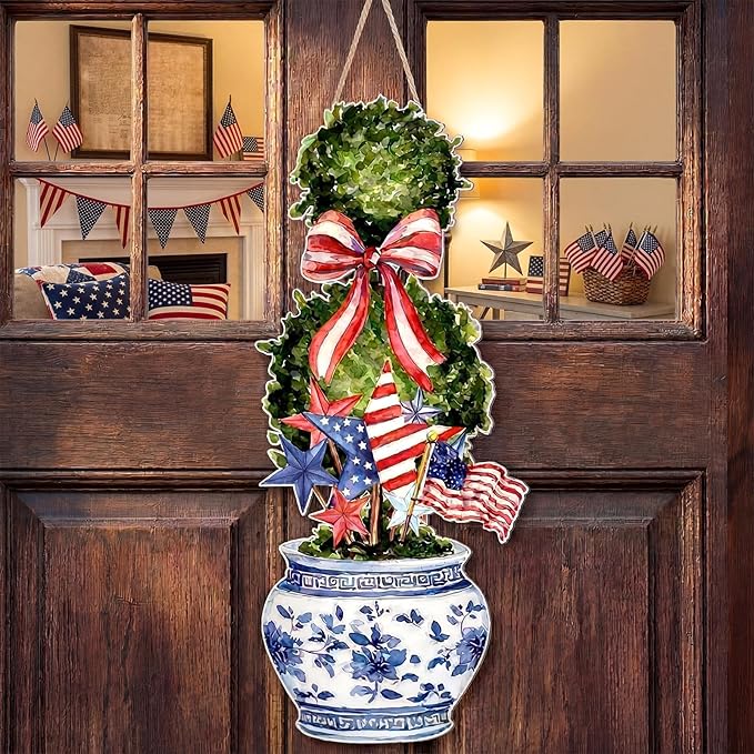 4th of July Large Size Chinoiserie Bonsai Door Hanger Patriotic Topiary Wooden Sign Front Door Home Wreath Red White and Blue Ornament for 250 Anniversary Independence Day Indoor Outdoor Yard Porch