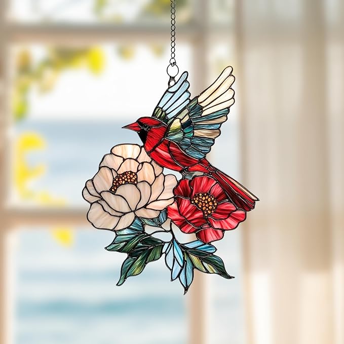 Cardinal Acrylic Suncatcher, Boho Suncatchers for Window Hanging Ornament, Stained Glass Effect Indoor Outdoor Garden Decor for Memorial, Gifts for Mother's Day, Mom, Grandma, Wife, Women