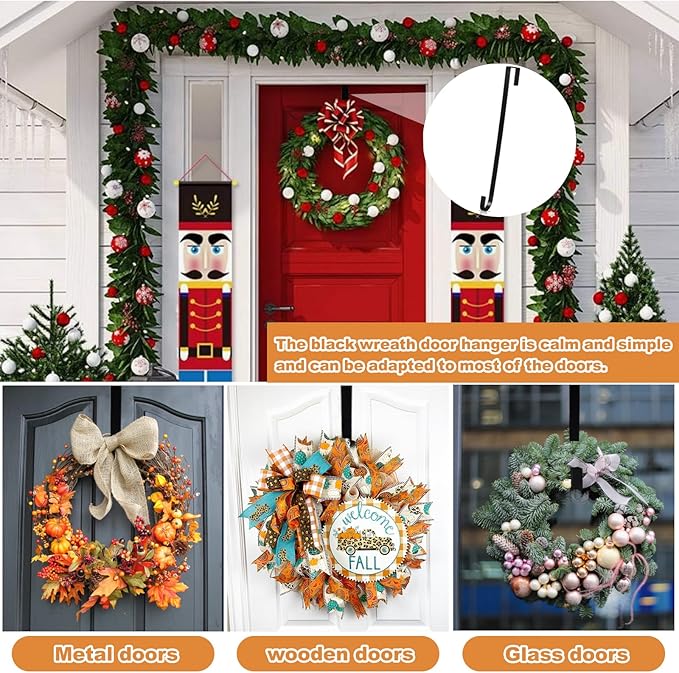 PECULA 2 Pack 14' Wreath Hangers for Front Door, Wreath Hanger 40lb Load-Bearing, Metal Wreath Hanger for Welcome Sign, Door Decorations (Black)