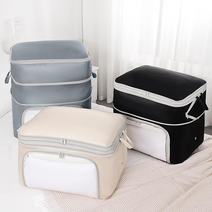Comforter Storage Bag - 130L Blanket Storage Bags Front-opening Ultra Space Saving Self Compression Organizer, Washable Compression Bags for Storage Comforter Blanket, 2 Pack, Grey