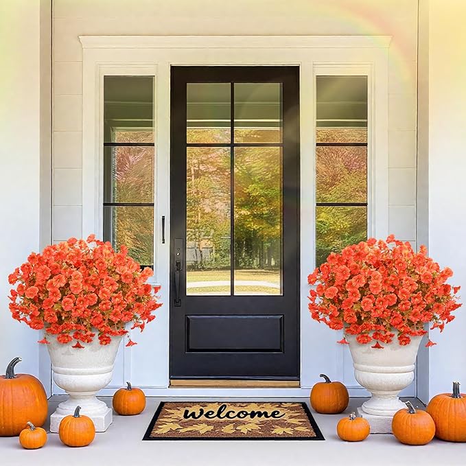 MARTINE MALL Artificial Fall Flowers for Outdoors, 12 Bundles Faux Fall Flower for Outdoor Planters, UV Resistant Fall Flowers Artificial for Outdoors Fake Autumn Petunias for Front Porch (Orange)