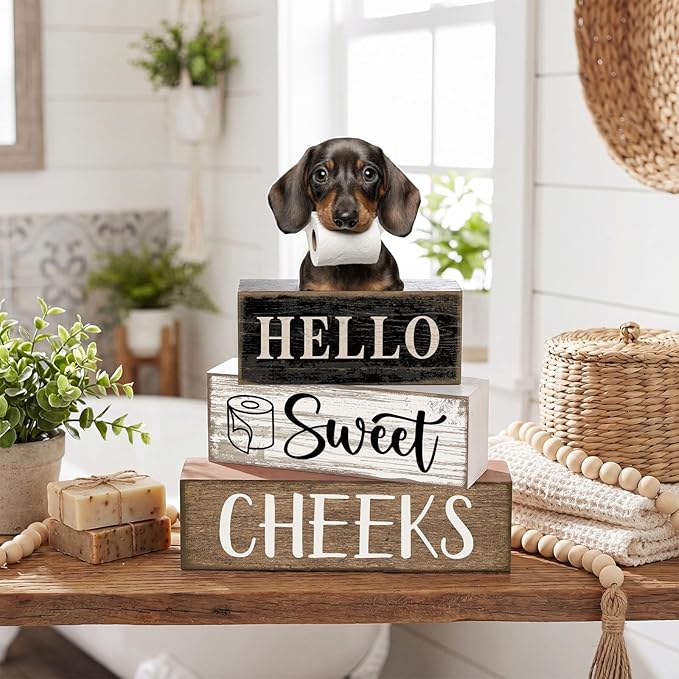 Moucuny 4 Pcs Dachshund Bathroom Decor Set Funny Toilet Wooden Tiered Tray Decor Farmhouse Dachshund Centerpiece Rustic Bathroom Shelf Decoration Hello Sweet Cheeks Decoration for Home Office