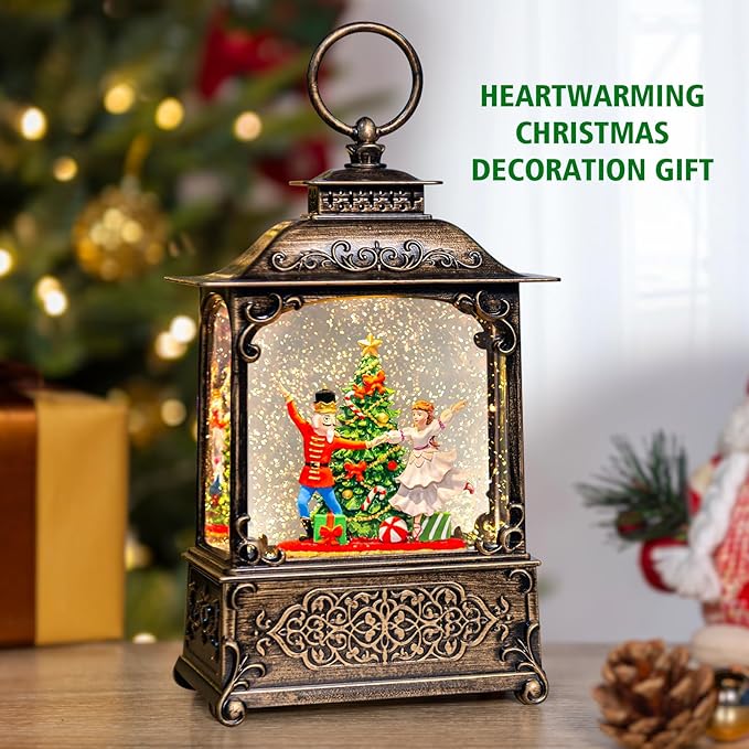 Christmas Snow Globes Lantern with The Nutcracker Music, Nutcracker Snow Globe with Swirling Glitter Effects, USB/Battery Powered with 6-Hour Timer, Christmas Decorations