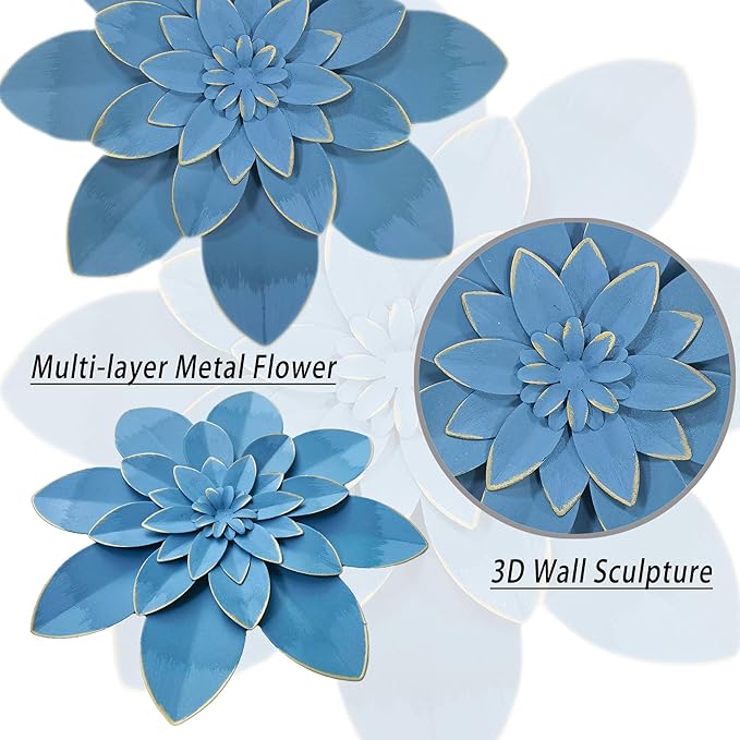 Ocean Blue Metal Flower Wall Art Decor, 9.5" Rustic Modern Floral Sculpture, Distressed Hanging Home Decoration Accent Artworks for Indoor Bedroom Living Room Office Outdoor Garden Patio
