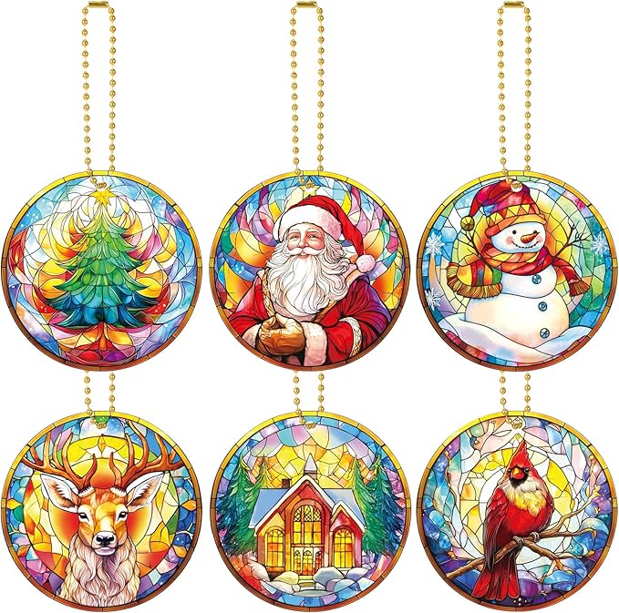 Vercraft 6 Pcs Christmas Tree Hanging Ornament Stained Glass Style Christmas Tree Decoration Xmas Round Window Hanging Art Santa Claus Acrylic Ornament Decorations Gifts (Retro)