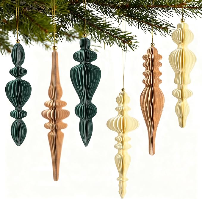 6Pcs Neutral Finial Christmas Ornaments for Tree, 3D Paper Honeycomb Hanging Decorations Vintage Christmas Honeycomb Ornaments Lanterns for Xmas Tree Winter New Year Holiday Party Home Decor