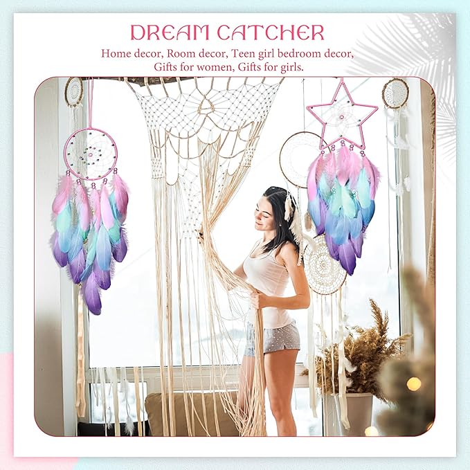 Jetec 3 Pcs Dream Catcher Moon Sun Star Design Handmade Traditional Design Craft Ornament Wall Art Hanging Home Decoration Bedroom Wedding(Macaron Color)
