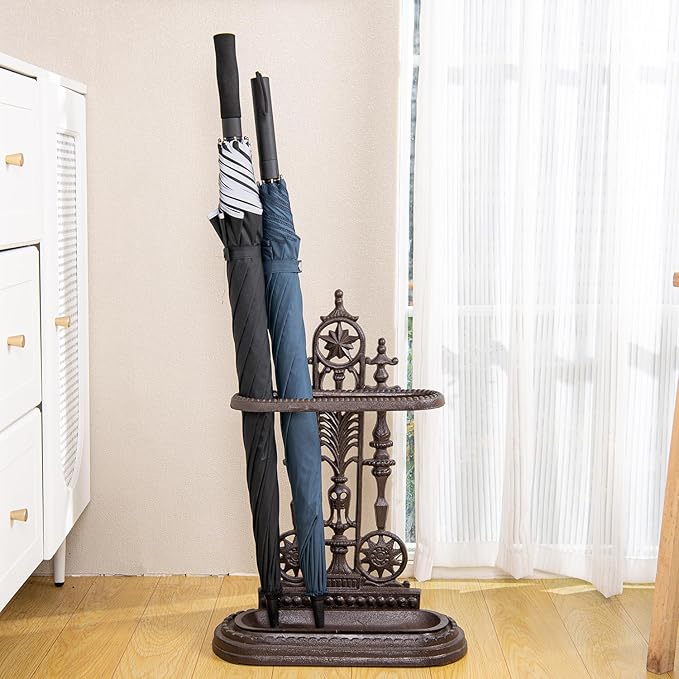 Sungmor Royal Style Cast Iron Umbrella Stand w/Detachable Drip Tray, Heavy Duty Rustic Umbrella Holder for Entryway,Front Door,Hallway,Outside Porch, Decorative Freestanding Umbrella Rack Organizer