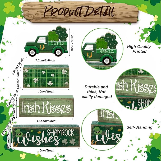 Lineshading 4 Pcs St. Patrick's Day Table Decoration Wooden Shamrocks Truck St Patrick's Day Tiered Tray Decor Irish Table Centerpiece for Saint Patty's Party Farmhouse Home Kitchen Decor