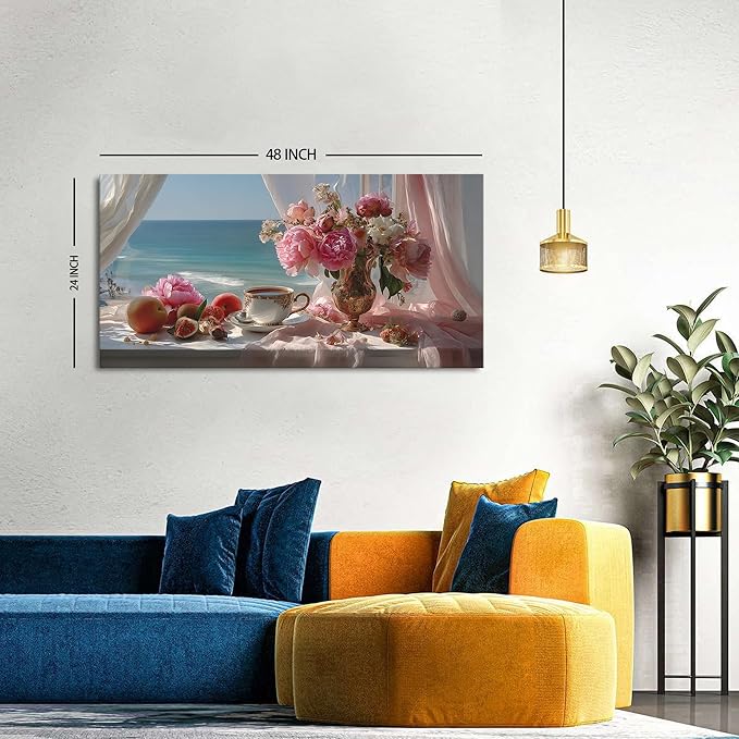 Vintage Pink Flower Wall Art Retro Flowers in Golden Vase Pictures Blue Ocean Coastal Landscape Canvas Prints Blossom Painting Poster Floral Artwork for Living Room Bathroom Home Decoration 24x48"