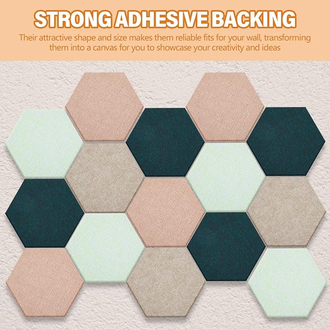 Mindsoft 16 Pcs Hexagon Cork Board for Walls with 50 Wooden Push Pins 6.7 x 5.9 in Felt DIY Tiles Notice with Nano Tape Hanging Bulletin Board for Home Photo Office Memo Note (Green)