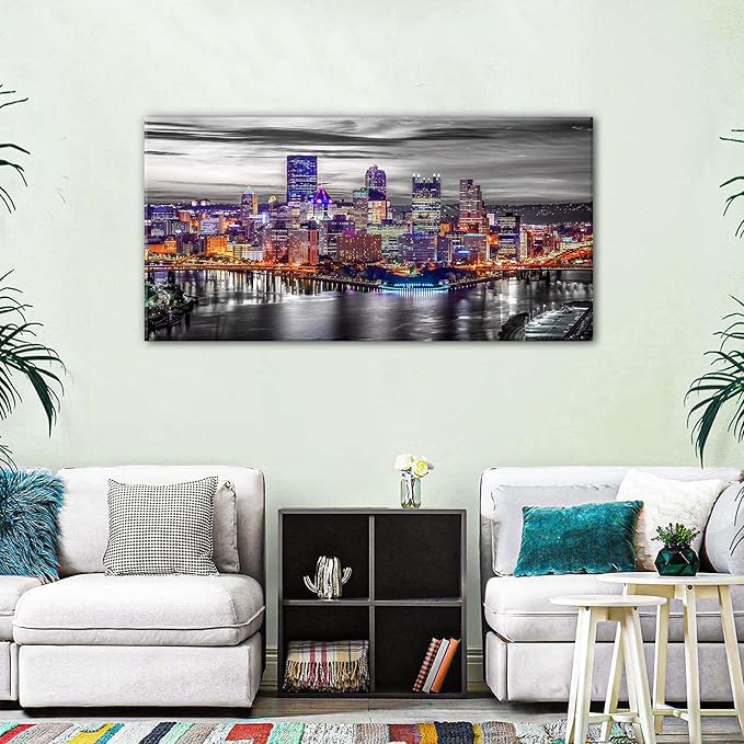 Extra Large Pittsburgh Wall Art Black and White Cityscape Wall Decor Modern Night City Skyline Picture Office Decor Pennsylvania Skyscrapers Canvas Prints for Bedroom Living Room Decoration 30x60"