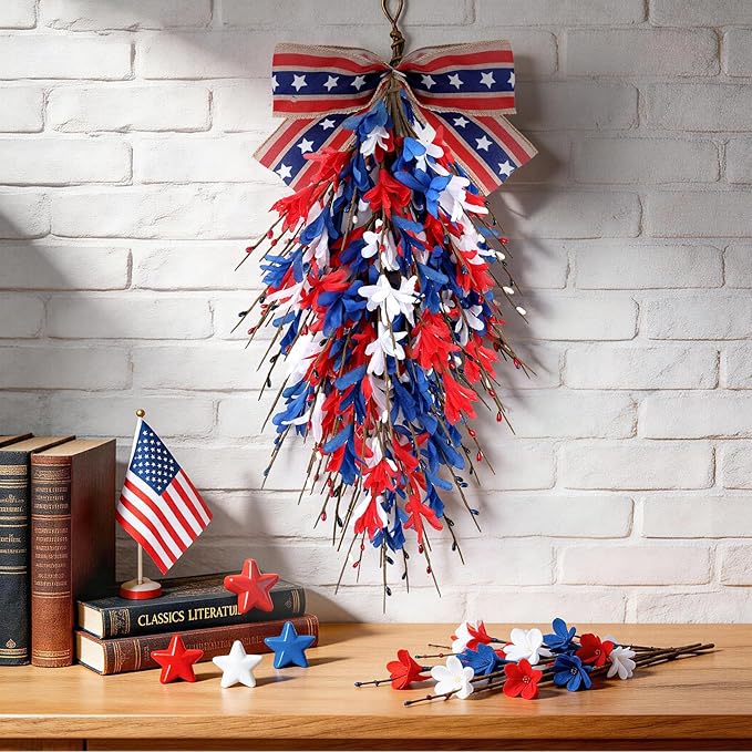 2 PCS 24'' Patriotic American Swag for Front Door 4th of July Teardrop Swags Independence Day Swags Wreath Red White Blue Flag Forsythia Flowers Hanging Swag for Memorial Day Flag Day Cabinet Decor