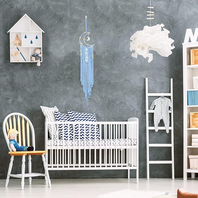 Boho Macrame Woven Wall Hanging, Crochet Crescent Moon Star Dream Catcher with Light- Blue Cotton Handmade Bohemian Home Decor Decoration Art for Kids Bedroom Nursery Dorm Room