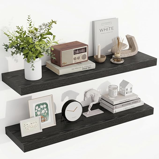 Acovy 36 Inch Floating Shelves, 36"x9.25"x1.5" Inch Deep Floating Shelves for Wall, Wooden Shelves for Bathroom, Bedroom, Living Room, Black, 2 Pieces