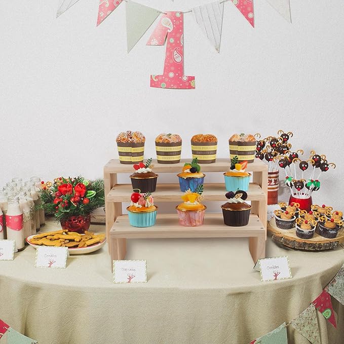 3-Tier risers display stands, Wooden Retail Display Rack for retail Rustic Tabletop Display rack for cupcakes, collectibles,jewelry, perfum, Funko Pop Figures