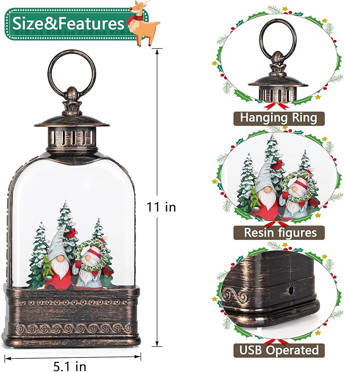 Christmas Snow Globe Decorations, Musical Glitter Gnome Lantern with 6H Timer, USB/Battery Powered Lighted Décor for Home, Tabletop, Gift Box