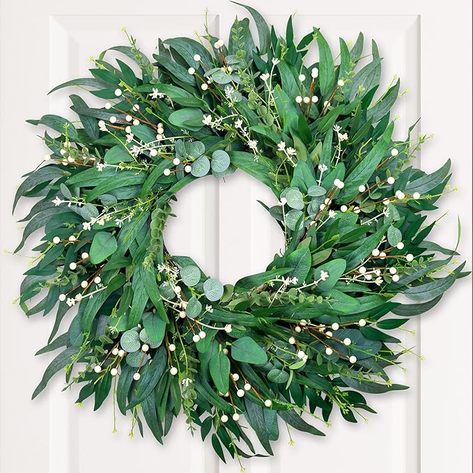 26-Inch Large Farmhouse Wreath for Front Door, All Season Eucalyptus Wreath for Indoor Outdoor Porch Wall Window, Artificial Greenery Everyday Home Decor fro Spring Summer Fall Winter