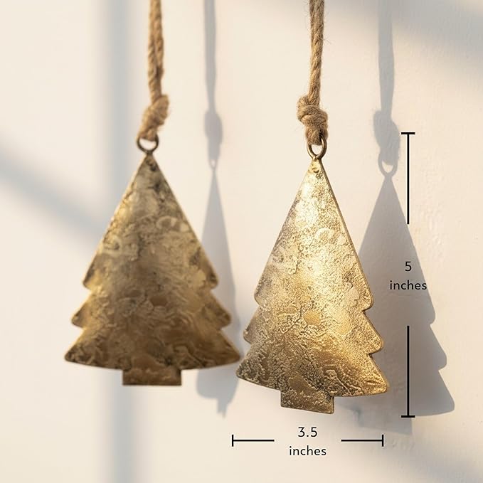 Rustic Iron Wall Accent – Set of 2, Handmade Metal Hanging Décor with Rope for Indoor & Outdoor Use (Golden Chrismas Tree, 5" 3.5)
