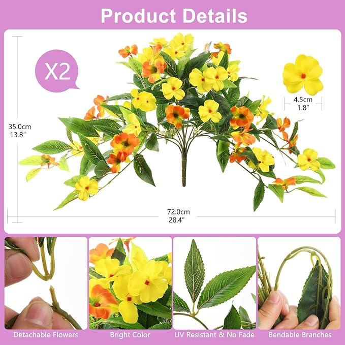 Artificial Flowers for Outdoor, 2 Bundles UV Resistant Fake Plants Decoration Realistic Faux Silk Flowers No Fade Plastic Flowers for Outside Planters Home Porch Patio Yard Garden Decor