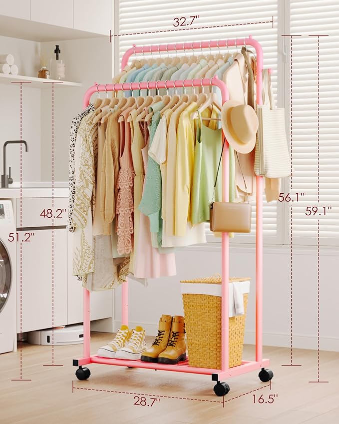 Clothes Rack - Double Rods Clothing Rack with Mesh Shelf, Hooks & Wheels, Metal Clothing Racks for Hanging Clothes & Bags, Multifunctional Garment Rack for Laundry, Pink, 28.7" x 16.5" x 59.1"