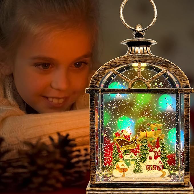 AOMIL Musical Christmas Snow Globe Lantern - USB/Battery Operated Swirling Glitter Lantern with Timer, Snow Globe Decoration for Home Holiday Decor (Deer)