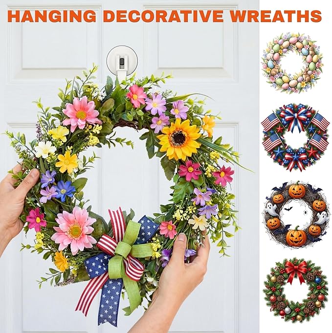 Ofiray-home Wreath Hangers, 2 Pack Heavy Duty Wreath Hangers for Front Doors/Windows/Over Door, No Drill & Reusable Suction Cup Hooks for Bedroom, RV, Bathroom and Home Storage Hooks(White)