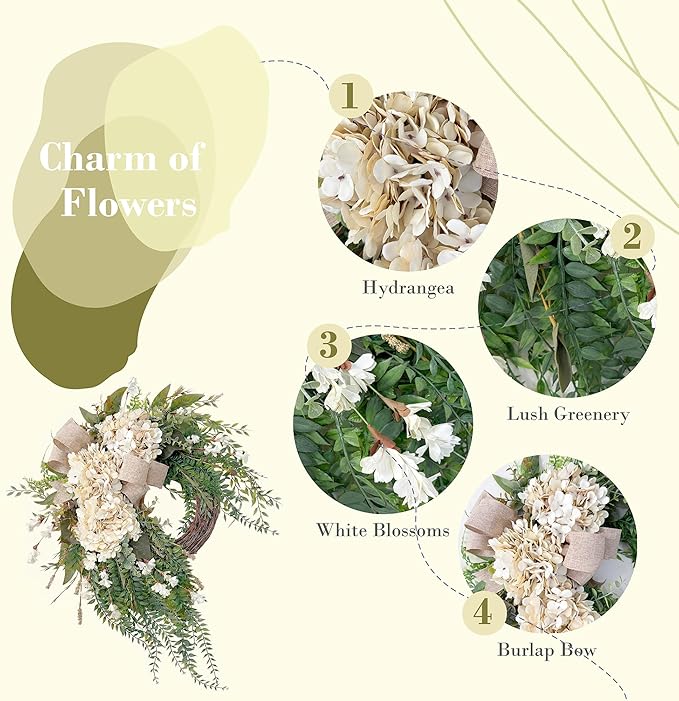 Hydrangea Wreath, 22 Inch Spring Wreath for Front Door, Summer Wreath with White Hydrangea, Greenery and Burlap Bow, Farmhouse Floral Door Wreath for Indoor Outdoor Wall Porch Décor