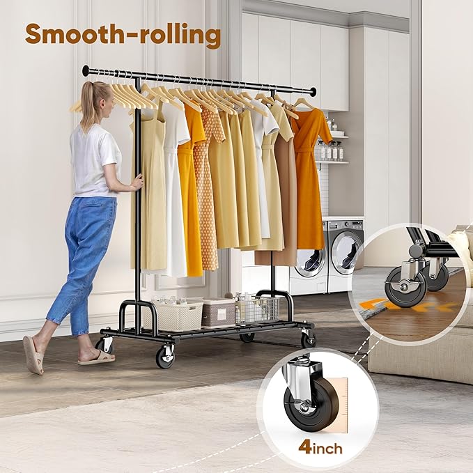 HOKEEPER Clothes Rack Collapsible Clothing Garment Rack Capacity 525LBS Clothing Racks on Wheels Heavy Duty Rolling Clothes Rack for Hanging Clothes for bedroom, Commercial, Black 22"D x 75"W x 71"H