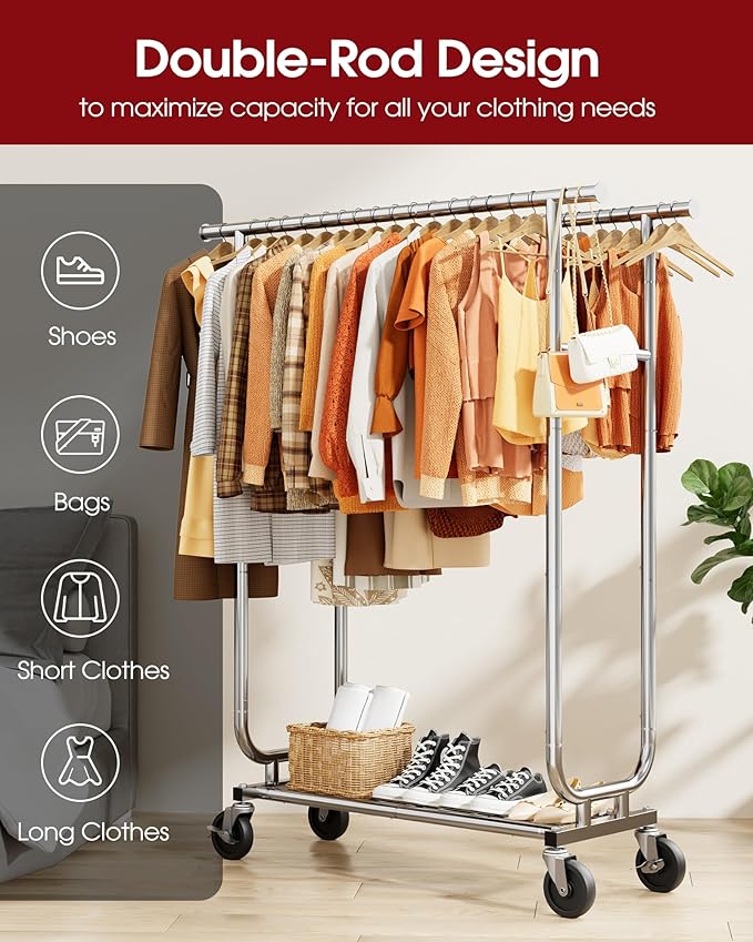 Heavy Duty Stainless Steel Rolling Clothes Rack with Mesh Shelf, Lockable Wheels & Anti-Slip Stoppers, Large Capacity Clothing Organizer for Bedroom, Laundry Room, 43.5" x 16.5" x 65.9", Silver
