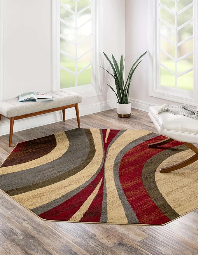 Unique Loom Barista Collection Area Rug - Ngada (6' 1" Octagon, Beige/Red)