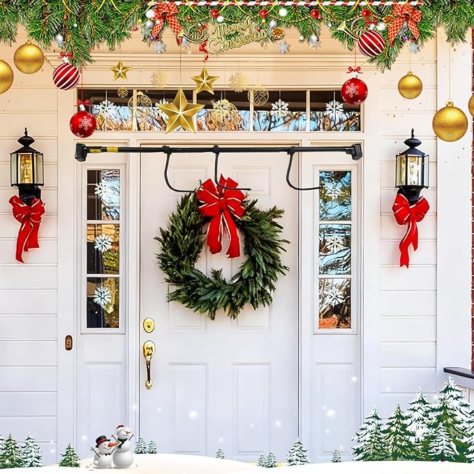 Adjustable Garland Hanger for Front Door - Fits 28" to 80" Doors, Wreath Holder Christmas, Halloween DecorationsNoScrews/Drilling Damage-Free InstallationGarland Door,with 3 Hooks Tension Rod ﻿
