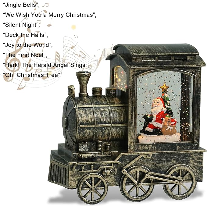 Music Snow Globe Train Lantern with Music and Timer, Battery Operated and USB Cable Santa Lighted Snow Globe Spinning Water Glitter (Bronze, USB Included)