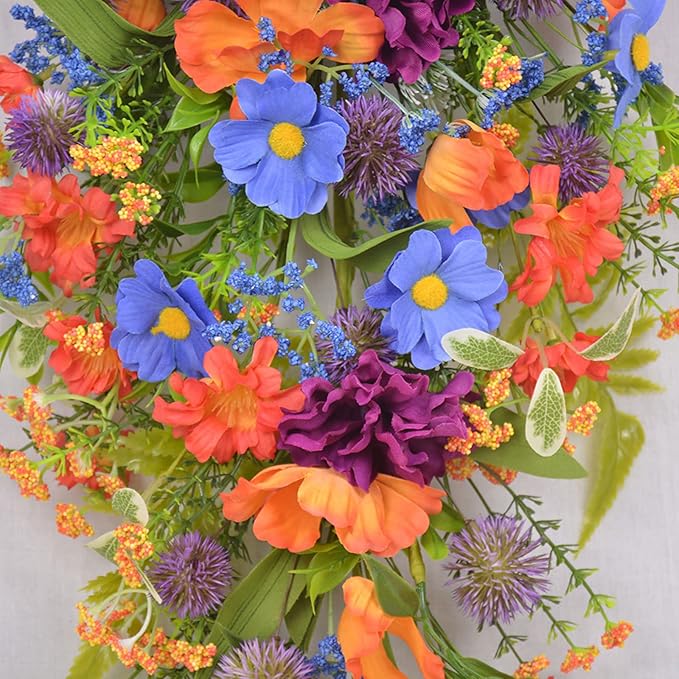 21 Inch Artificial Daisy Teardrop Swag Fall Harvest Teardrop Swag Autumn Daisy Decorative Swag Wreath for Front Door Halloween Thanksgiving Window Decor