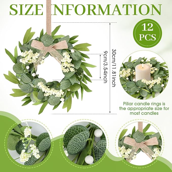 12 Pcs Green Artificial Eucalyptus Swag Wreaths Spring Summer Wreath with White Berries Mini Green Kitchen Cabinet Wreaths with Ribbon for Front Door Porch Wall Window Farmhouse Decoration