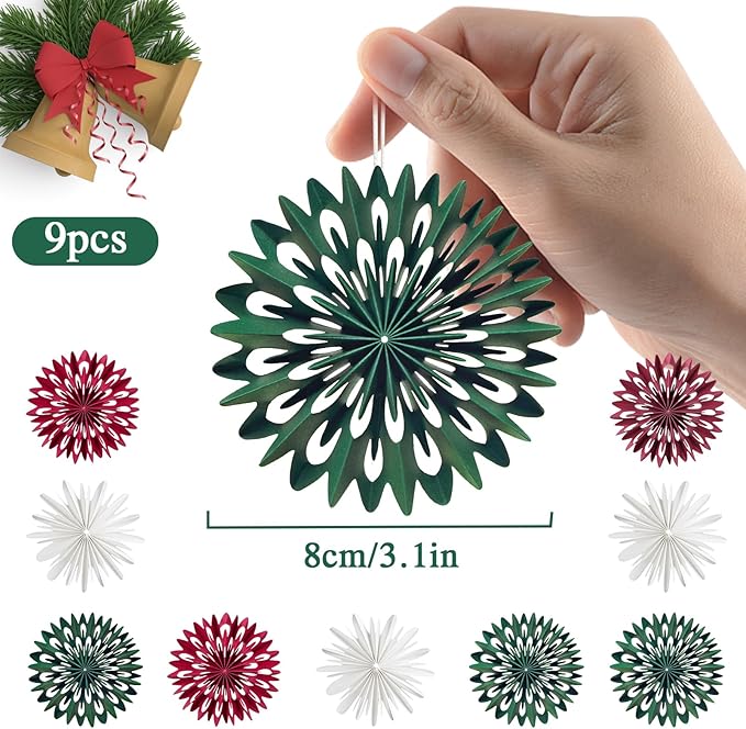 EASY JOY Red White Green Christmas Hanging Decorations - 9Pcs 3D Christmas Tree Paper Hanging Decor Snowflake Ornaments Christmas Decorations Outdoor Indoor for Xmas Party New Year Window Door