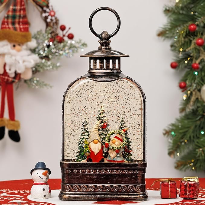 Christmas Snow Globe Decorations, Musical Glitter Gnome Lantern with 6H Timer, USB/Battery Powered Lighted Décor for Home, Tabletop, Gift Box