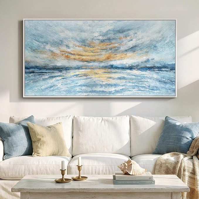 Large Framed Blue Gold Abstract Wall Art for Living Room, Horizontal Coastal Canvas Prints Paintings Artwork for Walls, Modern Ocean Landscape Pictures Wall Decor for Bedroom Dining Room Office 30x60