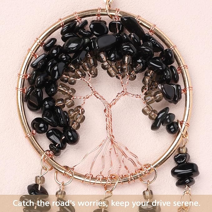 Pretty Jolly Small Tree of Life Crystal Stone Dream Catchers Black Feathers Mini Dreamcatchers for Cars Rear View Mirror Hanging Decoration Good Luck Travel Charm Bedroom Ornaments for Women Girls