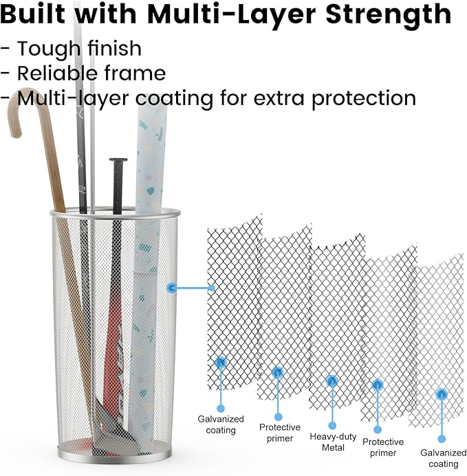 19.5" H Mesh Umbrella Stand - Ventilated Mesh Umbrella Holder for Entryway - Extra Capacity Storage for Umbrellas Canes & More - Freestanding Indoor Organizer 10.4" L x 10.4" W x 19.5" H - 2P Silver
