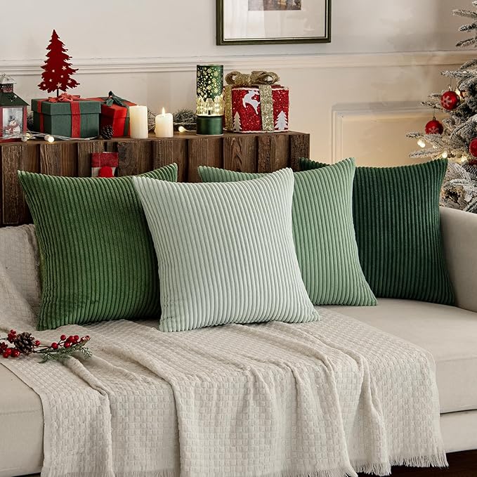 MIULEE Boho Farmhouse Sage Green Throw Pillow Covers 20x20 Inch Set of 4 Mordern Nordic Cushion Covers Soft Corduroy Spring Home Decor for Couch Bed Sofa Living Room Forest Green