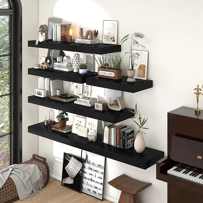 FLYJOE 36 Inch Long Floating Shelves for Wall Set of 1, 12" D Wood Grain Bathroom Shelves with Invisible Brackets, Easy Install Engineered Wood Storage Shelves for Kitchen, Living Room, Bedroom