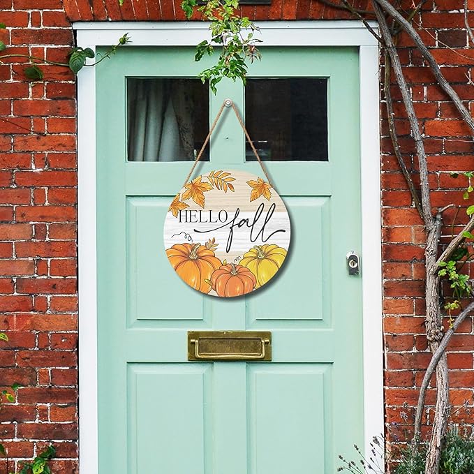 Hello Fall Welcome Sign Door Sign 12"x12" Fall Door Decorations Hanging Sign Farmhouse Pumpkin Round Wooden Sign for Home Front Door Wall Porch Yard Garden