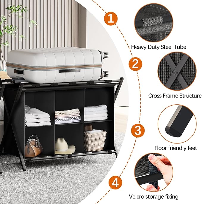 Luggage Rack for Guest Room, Set of 2, Folding Suitcase Stand with 6-Cube Fabric Storage Shelf, Luggage Holder, Steel Foldable Luggage Stand for Guest Room, Bedroom, Hotel, Black
